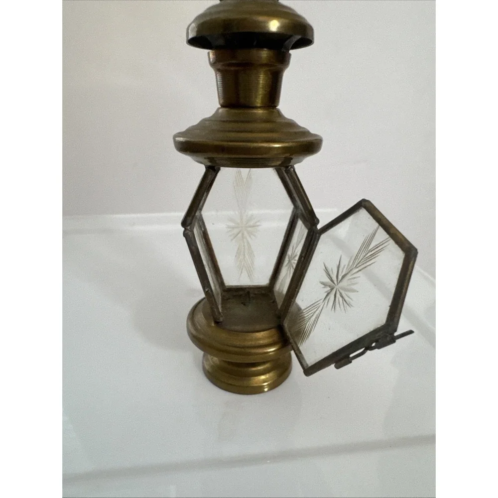 Vintage Miniature Brass Lantern Etched Glass Opening Door 4.5